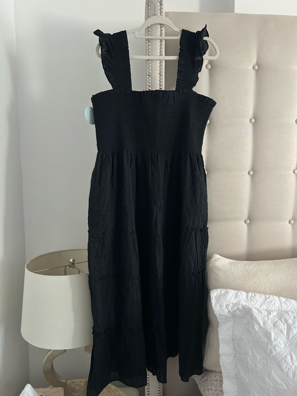 NWT Hill House Ellie nap dress in linear swiss dot, black XXXL